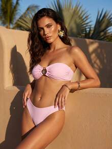 Anewsta Women's Bandeau Fashion Beach Summer Bikini Set - Pink - View 4
