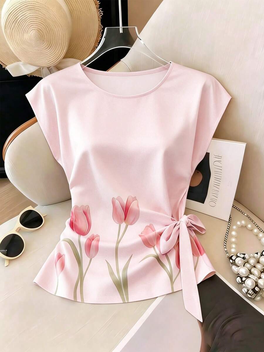 SHEIN Franclia Kaos Satin Polkadot Wanita Terbaru - Berwarna merah muda - View 1