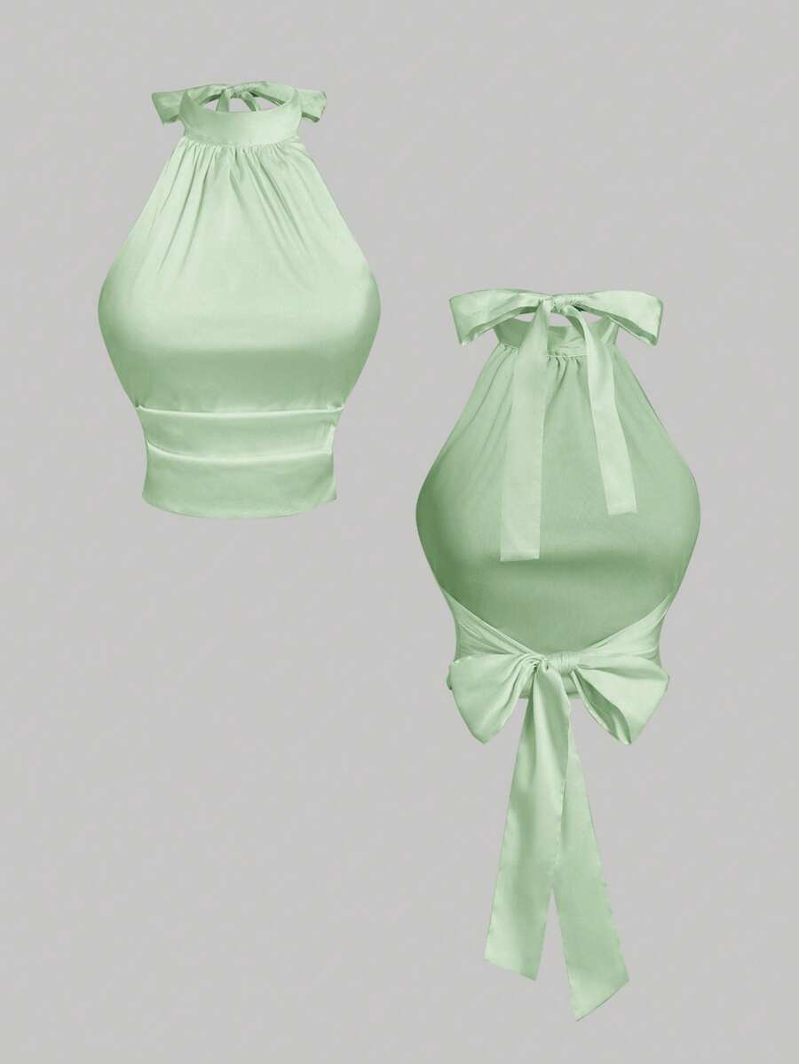 SHEIN MOD Solid Color Satin Stand Collar Lace-Up Bow Halter Neck Cropped Top - Green - View 1