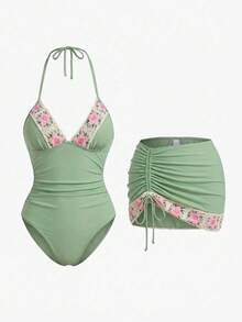 Swim Oasis 女士花卉刺绣吊带连体泳衣配荷叶边罩裙套装 - 綠色 - 查看 3