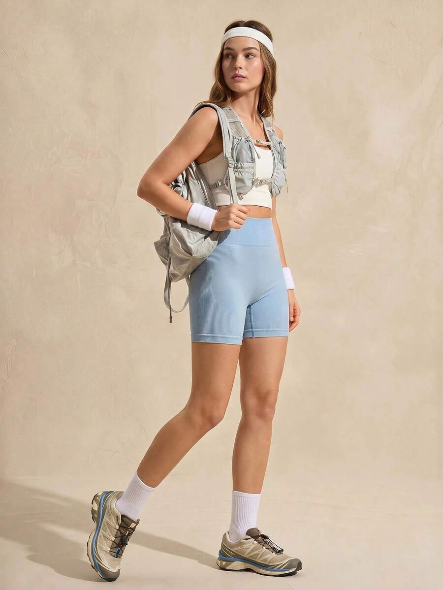SHEIN Sports 女款素色極簡無縫彈性腰緊身內搭褲 - 藍色 - 查看 1