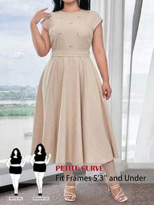 SHEIN PETITE CURVE Robe d'été élégante avec décoration de strass asymétrique pour femmes grandes tailles, robe mi-longue beige, robe mi-longue gracieuse, robe d'été, robe mi-longeur thé - Kaki - Voir 6