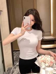 Joudiya Solid Color Round Neck Slim Fit Short Sleeve Women's T-Shirt Summer Preppy Tops - White - View 13
