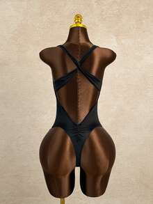 Swim SXY 1pc Women's Solid Color Twist Knot High Neck Criss-Cross Backless One-Piece Swimsuit - Black - View 4