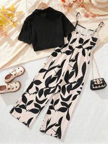 SHEIN 2件套 少女翻领衬衫配树叶印花背带连体裤 - 彩色 - 查看 2