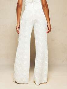 MISSGUIDED X Carli Bybel Women's White Broderie Anglaise Wide Leg Drawstring Pants With Floral Cutout Embroidery Summer Palazzo Trousers Bohemian Beach Vacation Casual - White - View 6