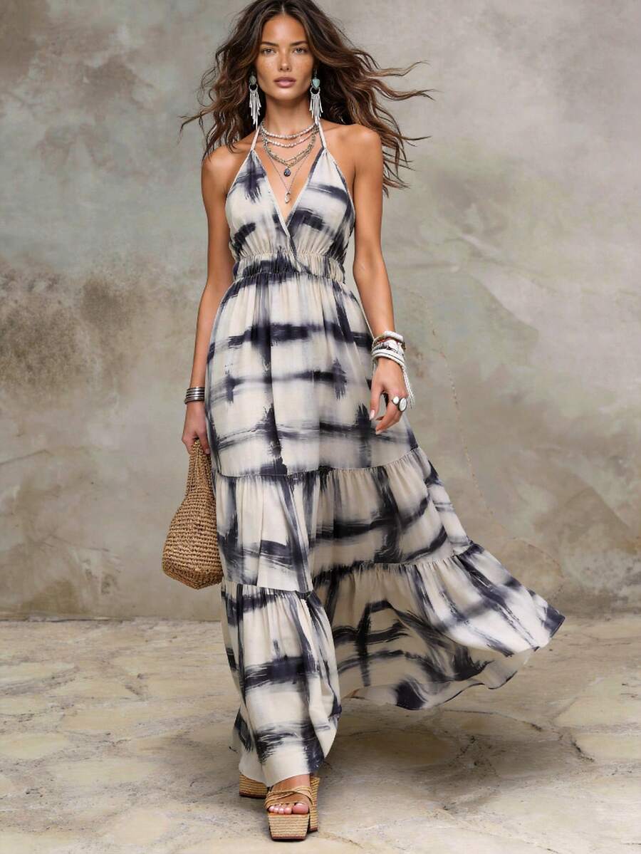 Solivie Women's Vacation Casual Boho Beige Print Backless Halter Neck Dress Beach Summer - Multicolor - View 1
