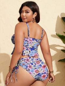 Swim Mod Plus Size Women's Light Blue Bottom Floral Ruffle Bust Tie-Front Pants Side Drawstring Two Pieces Vacation Swimsuit Beach Vacation Summer Boho - Multicolor - View 2