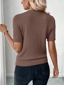 SHEIN LUNE Women's Simple Casual Solid Color Round Neck Short Sleeve Ribbed Knit Top - Redwood - View 2