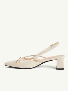 CUCCOO CHICEST Apricot Oily Leather Pointed Bow Slingback Thick Heel Sandals, Workplace Commuting Temperament Shoes - Avocado apricot - View 11