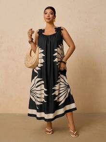 Travachic Plus Size Women's Vacation Botanical Print Casual Spaghetti Strap Dress - Black - View 6