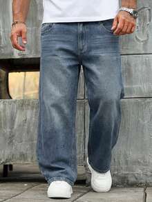 DAZY Washed Distressed Straight Leg Zipper Pocket Plus Size Men's Jeans Fall - Blue - View 1