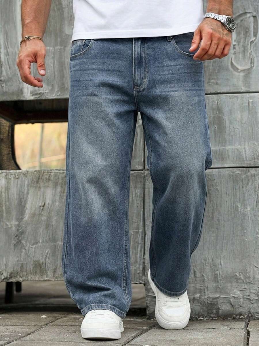 DAZY Washed Distressed Straight Leg Zipper Pocket Plus Size Men's Jeans Fall - Blue - View 1