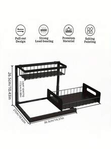 1 buah Rak Penyimpanan Geser Dua Tingkat di Bawah Wastafel, Lemari Laci Geser untuk Dapur, Kamar Mandi, Lemari Pakaian, Pengorganisasi Kabinet Serbaguna, Hemat Ruang, Dapat Diatur, Tahan Karat, Tahan Lama, Mudah Dirakit, Solusi Pengorganisasian Rumah - Hitam - View 3