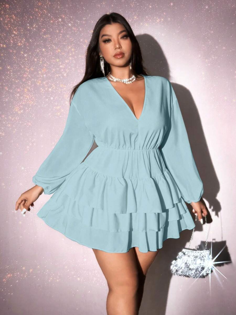 Viva Relle Plus Size Solid Color V-Neck Ruffle Hem Elegant Long Sleeve Dress,Valentine - Baby Blue - View 1