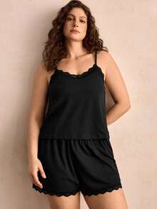 Charlaine Plus Size Pajama Sets Kontras Lace Plain - Hitam - View 6