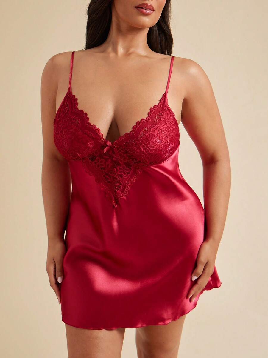 SHEIN BAE CURVE 大码女式蕾丝拼布腰部镂空性感缎面吊带睡裙