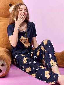 Notgurli Crew Neck Short Sleeve Printed Pajama Set For Women Sleep Navy Blue Navey Blue Summer Casual - Multicolor - View 6