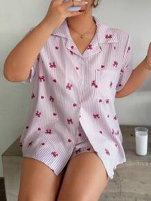 Dream Adore Set Piyama Kardigan dan Celana Pendek Motif Garis-Garis dan Pita Hati, Ukuran Besar - Merah - View 5