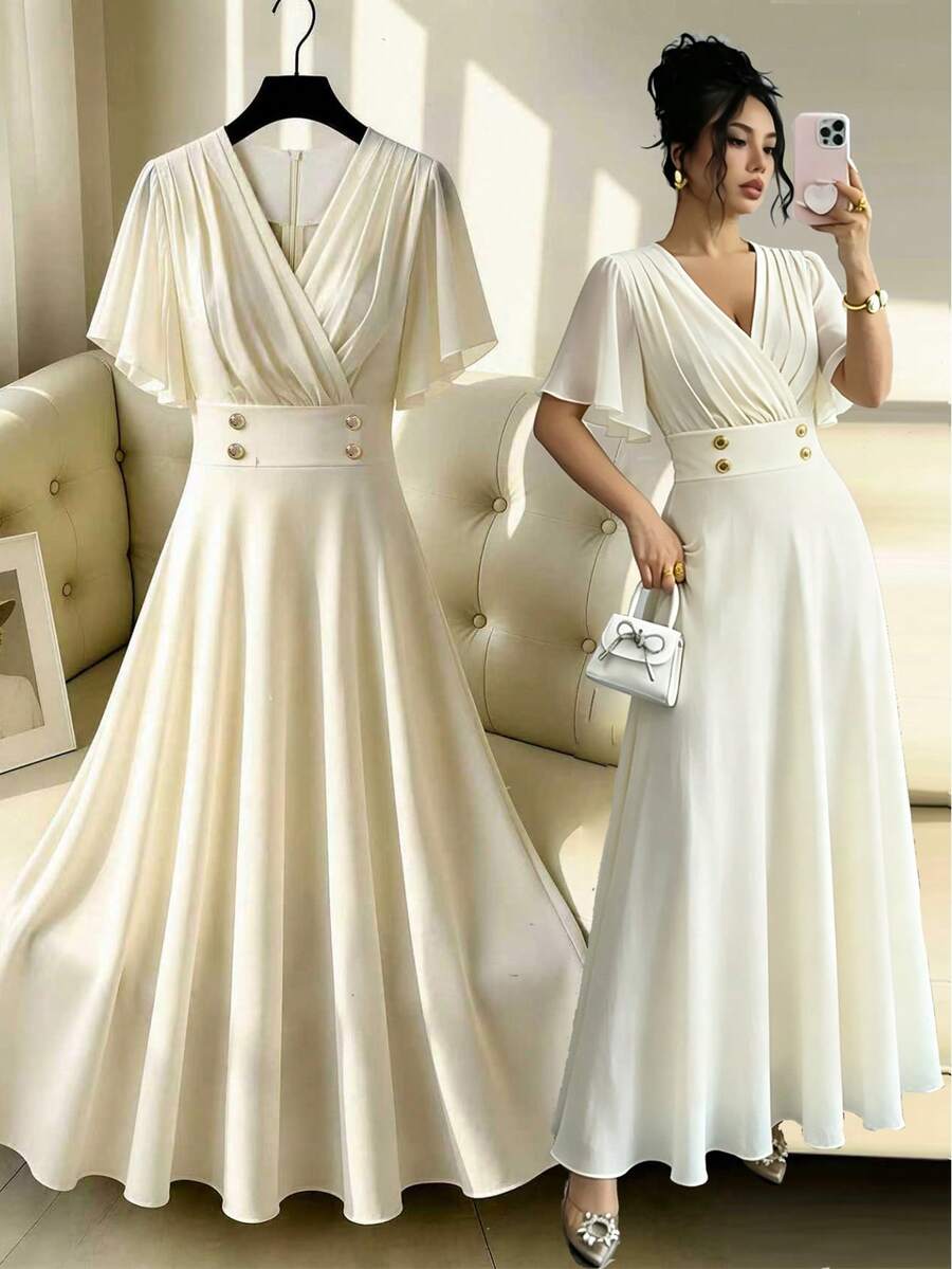 Elenzga Vestido fluido con escote en V cruzado, mangas con volantes de gasa, botones metálicos doble botonadura, cintura francesa elegante con corte evasé, color champán y melocotón claro, adecuado para el trabajo y las vacaciones - Albaricoque - Ver 1