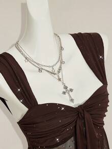 SHEIN ICON Shiny Fabric Asymmetrical Mesh Hem Women Tank Top - Coffee Brown - View 7
