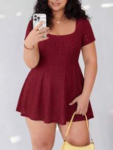 Solflare Plus Size Wine Red Casual Short Sleeve Jumpsuit, Everyday Wear, Spring/Summer - Burgundy - View 4