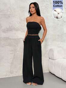 SHEIN PETITE 2件組女款夏季休閒純色抓褶抹胸上衣與長褲套裝，100%棉，舒適，適合春夏度假，黑色，小碼女款 - 綠色 - 查看 7