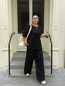 Muchica Plus Size Solid Color Round Neck Dropped Shoulder T-Shirt And Semi-Transparent Long Pants 2pcs Set - Black - View 3