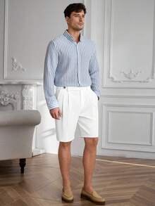 Core Aspect Pantalones cortos casuales para hombre de unicolor con doble pliegue y cremallera, para vacaciones - Beis - Ver 7