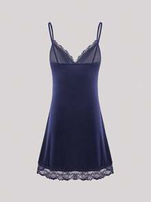 Hourtrue Lace Trim Bow Front Split Hem Cami Pajama Nightdressfor Summer - Navy Blue - View 2