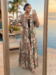 SHEIN Lady CURVE Plus Size Vintage Print Loose Elegant Versatile 2 Pieces Set, Summer Boho Two Piece Set Modest Two Piece Set Boho Jumpsuit For Women Kimono Dress Long - Multicolor - View 5