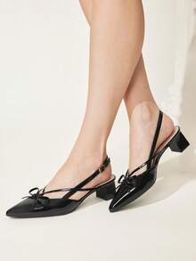 CUCCOO CHICEST Black Pointed Toe Bow Slingback Thick Heel Sandals, Workplace Commuting Temperament Shoes - Three knives black - View 6
