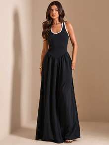 SHEIN BAE Herbst/Sommer Schwarz-Weiß kariertes Farbblock U-Ausschnitt Kontrast Saum ärmellos geraffte Taille A-Linie Maxikleid für Frauen Lässig Schlankmachend Urlaub - Schwarz - Übersicht 1
