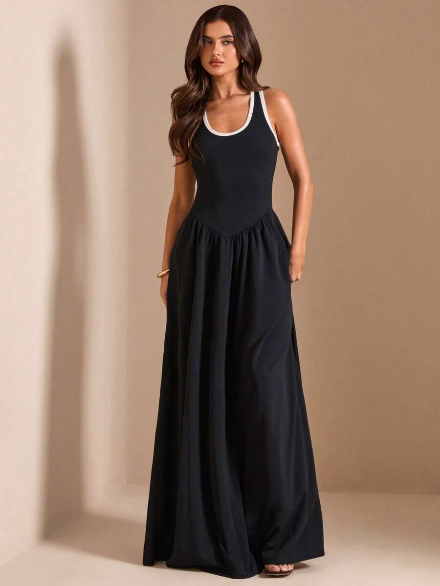 SHEIN BAE Herbst/Sommer Schwarz-Weiß kariertes Farbblock U-Ausschnitt Kontrast Saum ärmellos geraffte Taille A-Linie Maxikleid für Frauen Lässig Schlankmachend Urlaub - Schwarz - Übersicht 1