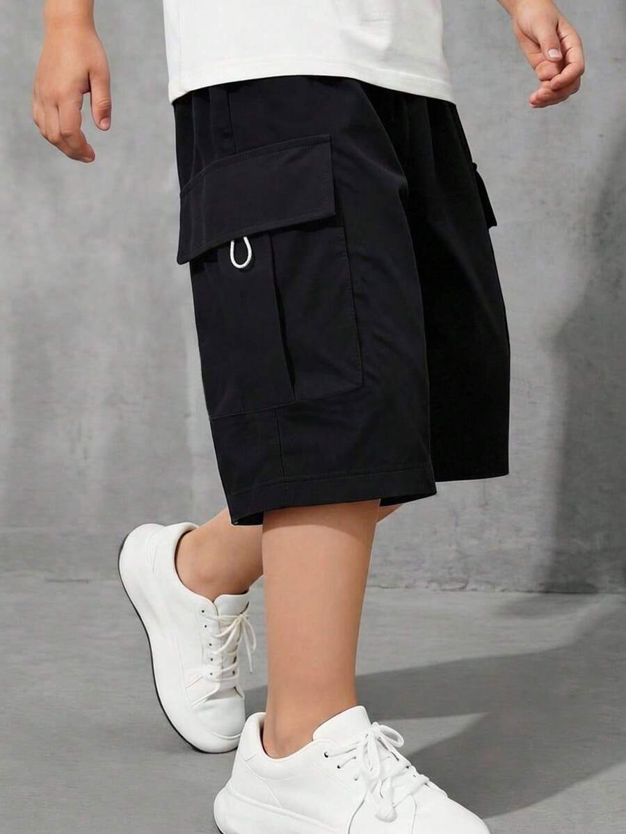 SHEIN 青少年男孩寬鬆版型工裝短褲，附口袋，純黑色，夏季休閒登山舒適運動短褲，適合學校、度假與家庭活動