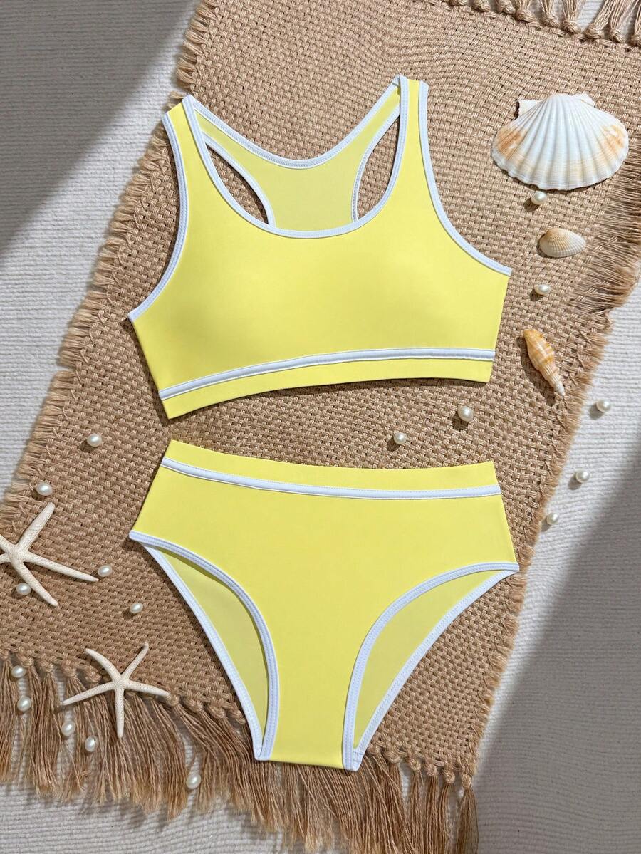 SHEIN Tween Girl White Contrast Trim Round Neck Tank Top And Triangle Bikini Bottom Swimsuit Set - Yellow - View 1