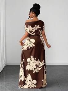 Maweii Plus Size Green Floral Print One Shoulder Cinched Waist Ruched Slimming Outing Vacation Dress - Coffee Brown - View 6
