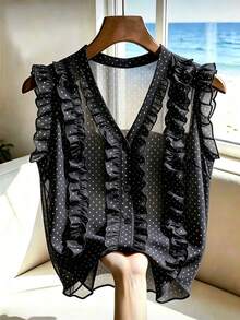 SHEIN Franclia Damen neue Polka Dot Rüschen Saum Taille Cinched Pendler Chiffon Bluse - Schwarz - Übersicht 1