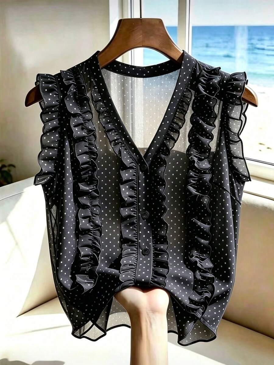 SHEIN Franclia Damen neue Polka Dot Rüschen Saum Taille Cinched Pendler Chiffon Bluse - Schwarz - Übersicht 1