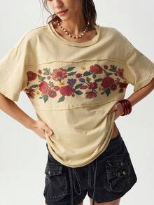 Bohemela Plus Size Women's Floral Print Vacation Short Sleeve Casual Boho T-Shirt Beach Vacation Beige Summer - Yellow - View 6