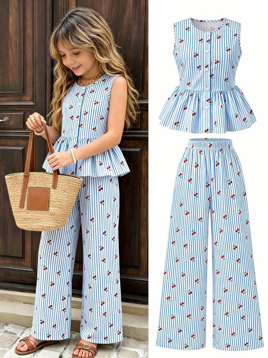 SHEIN Tween Girls Tank Top Shirt With Bow Button & Long Pants 2 Pieces Set - Blue - View 1