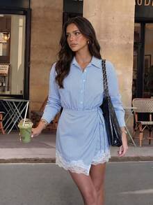 Firerie Women's Blue Striped Contrast Lace Hem Woven Mini Dress, Long Sleeve Wrap Mini Dress For Spring, Summer, Autumn, Winter, Casual, Beach Vacation, Sun Dress, Party, Date, Vacation, Work, Teacher - Blue and White - View 4