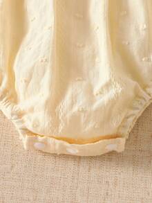 SHEIN Baby Girl Simple Elegant Sweet Embroidered Ruffle Collar Lace Trim Jacquard Fabric All Cotton Bodysuit, Suitable For Daily Wear And Celebration Parties, 0-1 Years Old, Spring/Summer New Arrival - Yellow - View 6