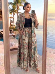 SHEIN Lady CURVE Plus Size Vintage Print Loose Elegant Versatile 2 Pieces Set, Summer Boho Two Piece Set Modest Two Piece Set Boho Jumpsuit For Women Kimono Dress Long - Multicolor - View 3
