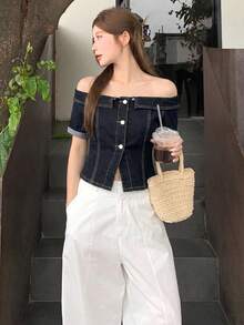 DAZY 女款韓式修身休閒牛仔上衣，夏季 - 藍色 - 查看 5