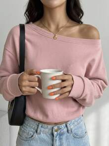 DAZY Ladies' Plain Asymmetrical Shoulder T-Shirt Long Sleeve Women Tops Off Shoulder Top - Pink - View 10