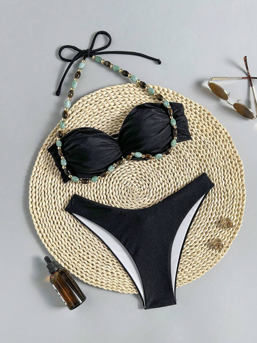 Swim Chiccia Swim Chicsea Women's Solid Color Black Beaded Tie Strap Shoulder Strap Ruched Detail Elegant Tropical Beach Vacation Summer Swimsuit Set - Black - View 1