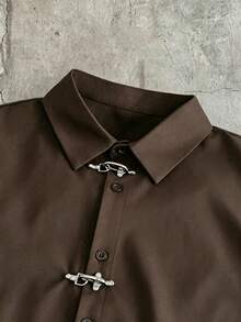 AXEPEAK Men's Solid Color Single-Breasted Fashion Short Sleeve Shirt - Brown - View 4