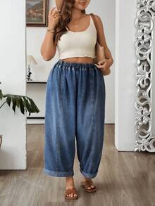 SHEIN CURVE+ 大尺碼女款彈性腰口袋寬腿休閒寬鬆可愛時尚牛仔褲 秋季穿搭 通勤 外出 夜店 海灘 正式場合 度假 藍色 - 深色水洗藍 - 查看 6