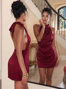 Aloruh Elegantes, sexy Minikleid Einfarbig für Urlaub, Party, Freizeit, Burgunderrot, Satin-Kurzkleid, weinrotes rückenfreies Kleid, Frühlingsoutfit für Damen, Sommerurlaubsoutfit, Valentinstagskleid, Karnevalskostüm für Damen, Strandkleid, elegante Partykleider, Hochzeitsgastkleid für Damen, Geburtstagskleid, Urlaubsoutfit für Damen, Freizeitkleid, Valentinstag - Bordeaux - Übersicht 6